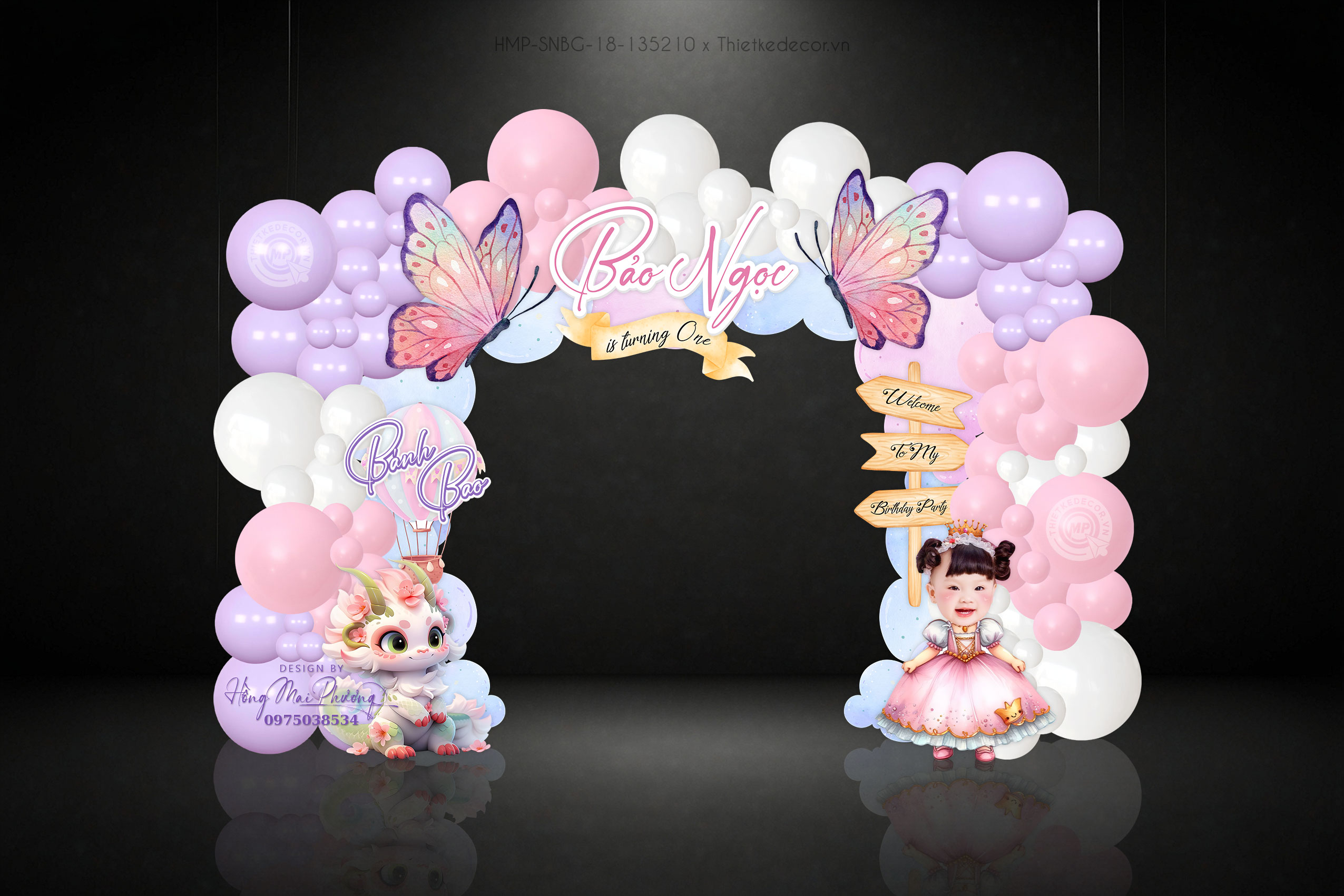 Cổng tiệc sinh nhật bé gái tuổi rồng gắn bướm